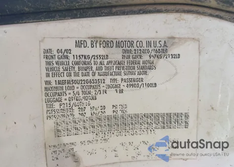 2002 Mercury Sable Gs from USA, damaged, VIN 1MEFM50U22G633512